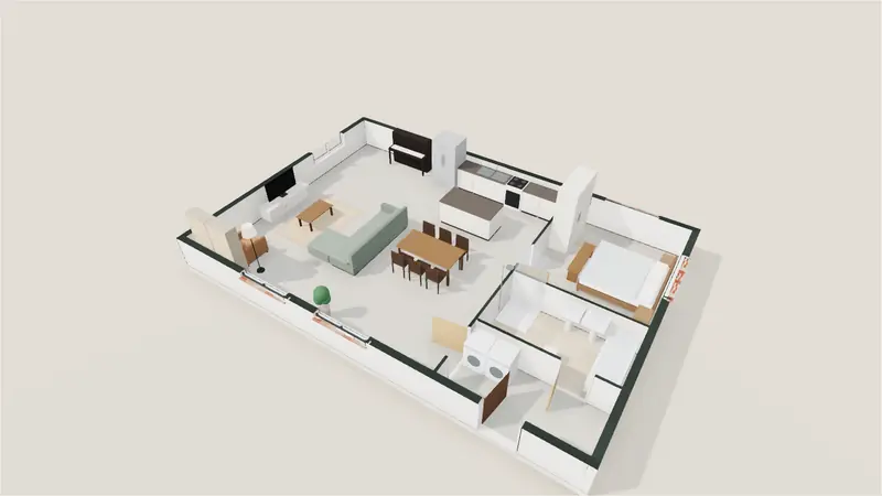 Loft industriel : maquette 3D meublée dans Livia