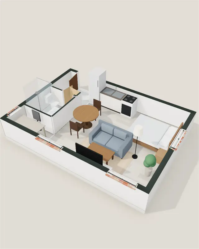 Studio lumineux : maquette 3D meublée dans Livia