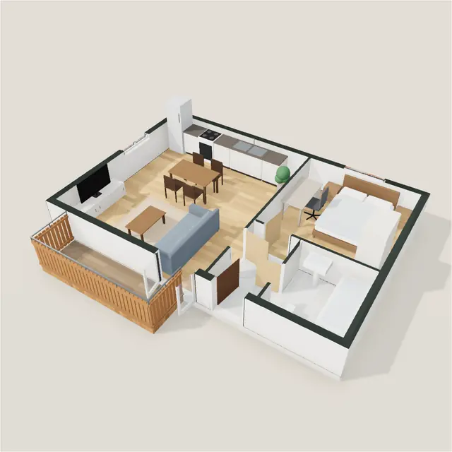 T2 avec coin bureau : maquette 3D meublée dans Livia